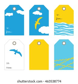 Seagull, sky. Set of 6  creative tags  templates with marine theme design.  , blue and yellow  Cute tags for text and design Collection tags, cute tags, Set tags, printable tags, hand drawn tags