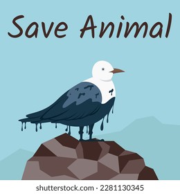 Seagull smeared with oil waste from industrial production sitting on top of stone. Bird suffers from human activities to pollute environment. Save animal concept. Polar fowl sits on top of mountain