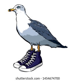 Seagull in sneakers on a white background.  Can be used for printing on T-shirts, flyers, etc.Vector illustration.