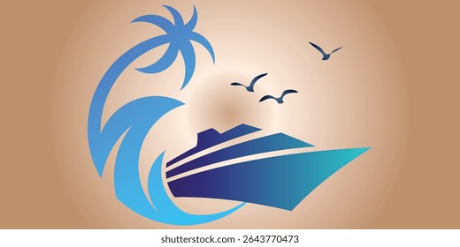 Seagull Soaring Above Majestic Waves, A Peaceful Seascape Design. A stylized illustration of waves and a soaring seagull under a stylized sun.