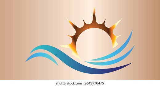 Seagull Soaring Above Majestic Waves, A Peaceful Seascape Design. A stylized illustration of waves and a soaring seagull under a stylized sun.