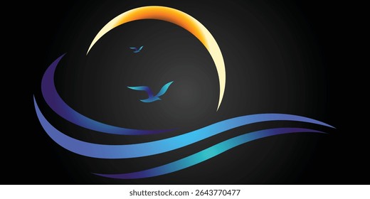 Seagull Soaring Above Majestic Waves, A Peaceful Seascape Design. A stylized illustration of waves and a soaring seagull under a stylized sun.