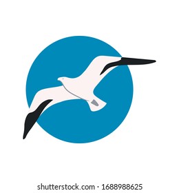 seagull soars in the air flying on a background of blue sky in a circle, emblem vector illustration line doodle
