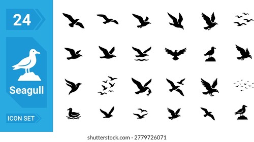 Seagull solid filled, flying birds vector set, black silhouette seagulls, vector illustration