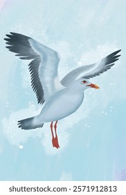 seagull with spread wings on a blue background