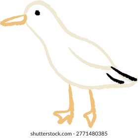 Seagull standing with beak forward and webbed feet, rough crayon lines and textured strokes. Symbol of coast, travel, summer vibe, and freedom in a kid style sketch. Cartoon vector illustration.