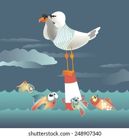 Seagull standing on the buoy and looking through binoculars. Vector illustration