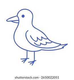Seagull standing on legs in marine blue line art style. Hand drawn marine icon. Outline vector isolated illustration