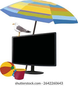 Seagull standing on a monitor under colorful beach umbrella with beach ball and bucket, suggesting summer vacation and remote work