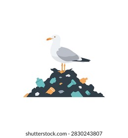 Seagull standing on a mountain of plastic waste and trash, environmental pollution concept vector