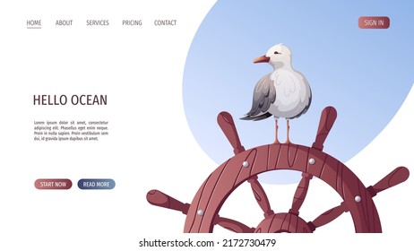 Seagull standing on the ship's steering wheel. Maritime, marine life, nautical concept. Vector illustration. Website, banner template.