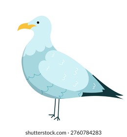 Seagull standing on white background. Flat cartoon icon of marine bird isolated on white. Minimalist design of sea gull for ocean, beach and coastal nature concepts.