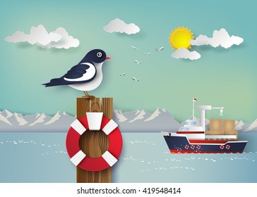 Seagull standing on a wooden post beside the seaside.paper art style.