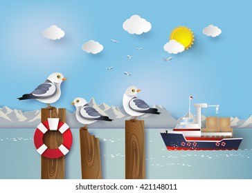 Seagull standing on a wooden post beside the seaside.paper art style.