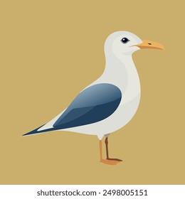 A seagull is standing on a yellow background. The bird is white and blue. The bird is looking at the camera