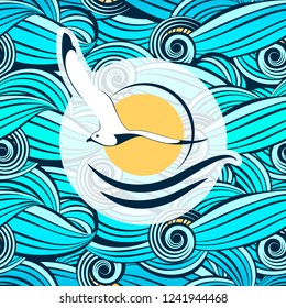 seagull symbol on the background of stylized sea waves