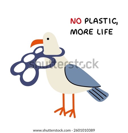 Seagull trapped in plastic waste – Environmental pollution, ocean wildlife protection, no plastic, save nature. Earth Day awareness illustration