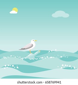 Seagull is traveling standing on an empty bottle in the ocean, underneath a clear blue sky with a sun and a puffy white cloud. Vector illustration.