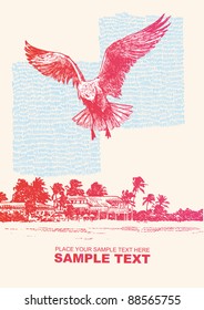 seagull and tropical coast. drawn by the pen in retro style. vector illustration.