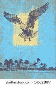 seagull and tropical coast and grunge scratched background. retro style. vector illustration. 
