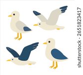 Seagull vector. Cartoon seagull clipart in flat design. Bird on the sea sky. 