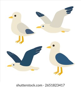 Vetor de gaivota. Cartoon clipart gaivota em design plano. Pássaro no céu do mar. 