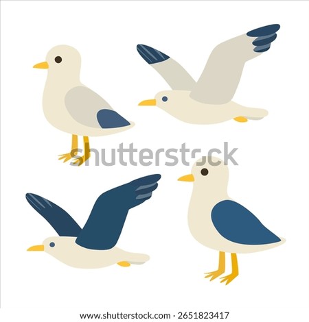Seagull vector. Cartoon seagull clipart in flat design. Bird on the sea sky. 
