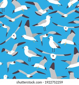 Seagull vector cartoon seamless pattern. Background for wallpaper, wrapping, packing, and backdrop.
