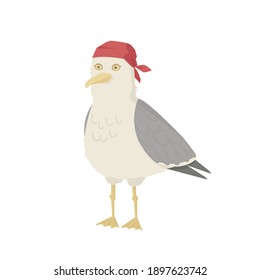 Seagull vector character. Cartoon gull in bandana. Flat illustration 