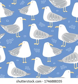 Seagull vector pattern design. Fun seaside bird seamless repeat background.