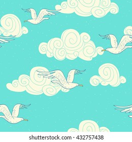 Seagull. vector seamless pattern with gull in the sky.  background with hand drawn sea birds