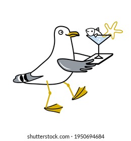 Seagull waiter carrying sea cocktail with fish and starfish on tray. Cute cartoon doodle vector illustration isolated on white background. 