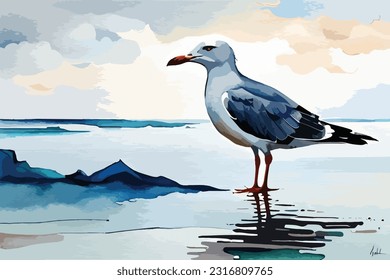 seagull watercolor bird art illustration