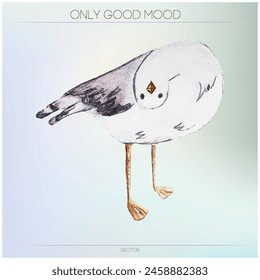 Seagull, watercolor vector illustration, humorous, neck turned, looking.