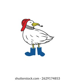 Seagull wearing boots and hat