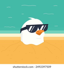 
The seagull wearing glasses buried itself up to its neck in the yellow sand on the beach near the ocean