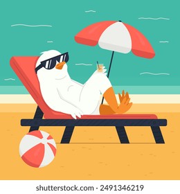 The seagull, wearing sunglasses, is relaxing on a sunbed with a sunshade near the ocean, sipping a cocktail, and next to it lies a beach ball