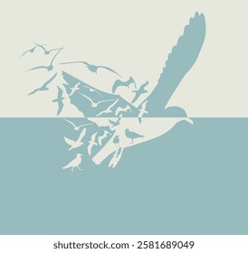 Seagulls abstraction and sea background. hand drawing. Not AI. Vector illustration.