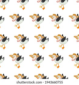 
seagulls and albatrosses. seamless pattern with funny birds. bird in beads and a hat. stock vector illustration on white background.