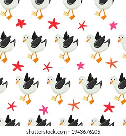 seagulls and albatrosses. seamless pattern with funny birds and starfish. stock vector illustration on white background.