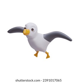 Seagulls bird flying on white background. Flight of bird. Cute realistic toy for kids. White bird with black wings. Vector illustration in 3d style with yellow beak and paws