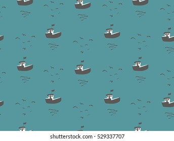 Seagulls and boats sea view seamless pattern.