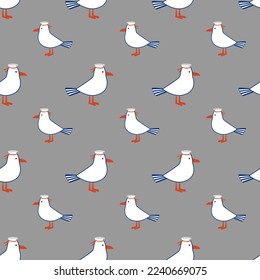 Seagulls in a captain's hat. Cute seamless marine pattern
