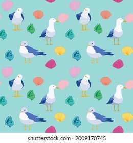 Seagulls, clam, conch shells on light turquoise blue background. Designed in seamless repeat pattern. Can be used to be printed on swim suits, children's clothings, or summer house decors. 