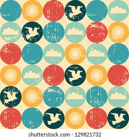 Seagulls and clouds retro seamless pattern