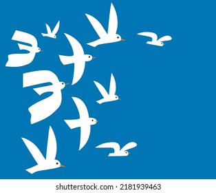 Seagulls drawing on a blue background, birds silhouette. Marine background, pattern, children's style