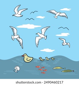Seagulls, ducks and fish in the sea. Vector illustration.