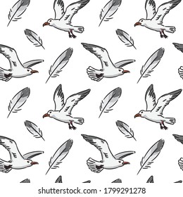Seagulls and feathers vector seamless pattern on white background. Creative doodle style pattern for print, fabric, texture, wallpaper, wrapping, textile, etc. 
