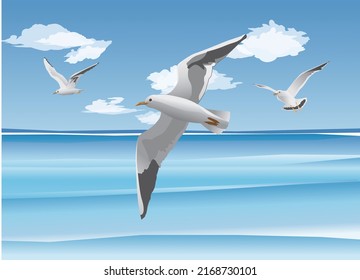 Las gaviotas vuelan libremente sobre el mar de verano. Ilustración vectorial