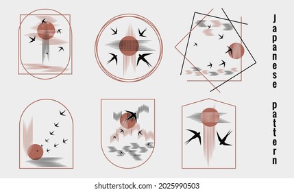 Seagulls fly into bright sun. Minimalist pattern in Japanese style. Sea, clouds in sky, forest, trees on white background with black birds.  Set of vector illustrations in frame.